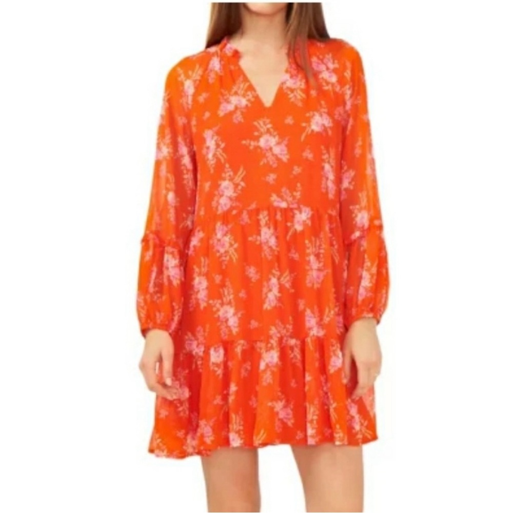 Vince Camuto floral orange tiered lined balloon sleeve dress, size M pullover